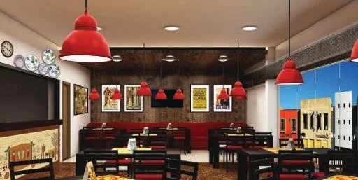 Interior of Pizzavito restaurant with red pendant lights.