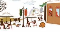 Illustration of an outdoor cafe scene.