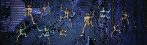 Abstract artwork of figures on a circuit board