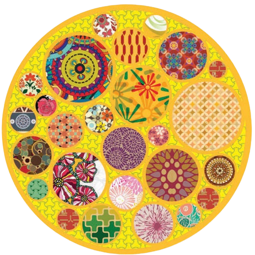 A large circular mural with colorful patterns